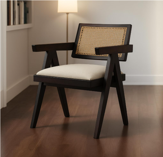 VeLivings Solid Sheesham Wood Arm Chair with Cushion and Cane